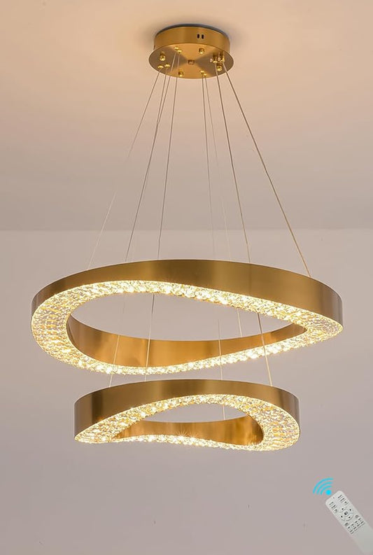 Gold Plated Crystal Chandelier for Living Room 2 Rings D20''+D28'' 120W Modern Gold Ceiling Lights for Dining Room, Hotel Dimmable 2700k 4500k 6000k