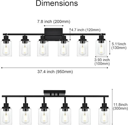 6-Light Track Lighting Kit Black Track Lighting Fixtures Bathroom Wall Sconces Ceiling Mount Kitchen Tracking Lights, Rotatable Spotlight with Clear Glass Shade for Kitchen Shop Hallway