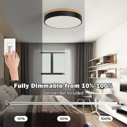 Modern Wood Flush Mount Ceiling Light, Black LED 5CCT 2700K-6000K Dimmable Ceiling Light Fixtures, Round Close to Lighting Fixture for Kitchen Entryway Hallway Bedroom Laundry Room-11.8in