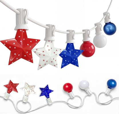 25FT Patriotic String Lights Outdoor, 25 LED Red White and Blue Star & G40 Globe String Lights, End-to-End Connectable for 4th of July Independence Day Decorations, Patriotic Anniversary, White Wire