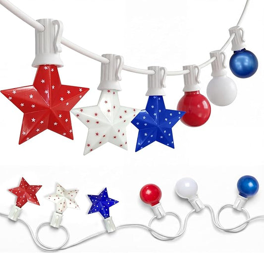 25FT Patriotic String Lights Outdoor, 25 LED Red White and Blue Star & G40 Globe String Lights, End-to-End Connectable for 4th of July Independence Day Decorations, Patriotic Anniversary, White Wire