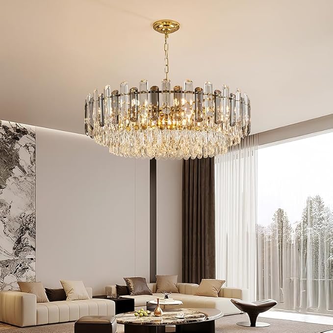 31.5" Modern Crystal Chandelier Gold 3-Tier Luxury Crystal Pendant Light 12-Light Ceiling Pendant Lighting for Dinning Room Living Room Foyer