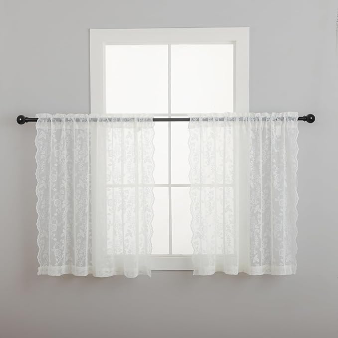 FINECITY Short Lace Curtains 36 Inch Length for Small Window, Rustic Leaf Floral Design Lace Cafe Curtains 2 Panels, Rod Pocket Privacy Sheer Lace Curtains, 42 x 36 Inch, 1 Pair, Ivory