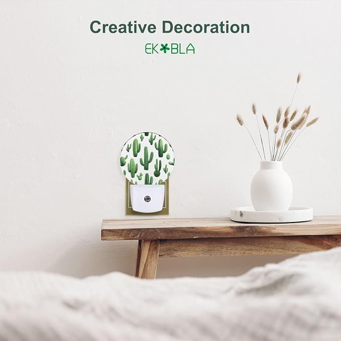 EKOBLA Cactus Plug-in Night Light, Green Cactus with “Stuck On You” Quote LED Nightlight with Auto Sensor for Home Decor
