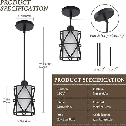 3 Pack Pendant Light Kitchen Island Pendant Light, Stem Rod Hanging Light with Spiral Cage Frosted Glass Shade, Black Modern Indoor Hanging Lamp