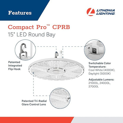 Lithonia Lighting Compact Pro Round LED High Bay Light, Ceiling Lighting Fixture, Adjustable 21000/24000/27000 Lumens, Selectable 4000K/5000K, UVOLT 120–347V, White (CPRB ALO14 UVOLT SWW9 80CRI DWH)