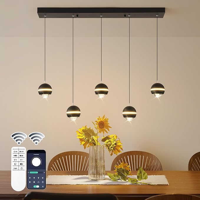 ORANOOR Modern LED Pendant Lights, Dimmable 36in Crystal Globe LED Chandelier Lighting, Black & Gold Dining Room Hanging Light Fixtures Kitchen Island Linear Pendant Light for Dining Table (3500lm)