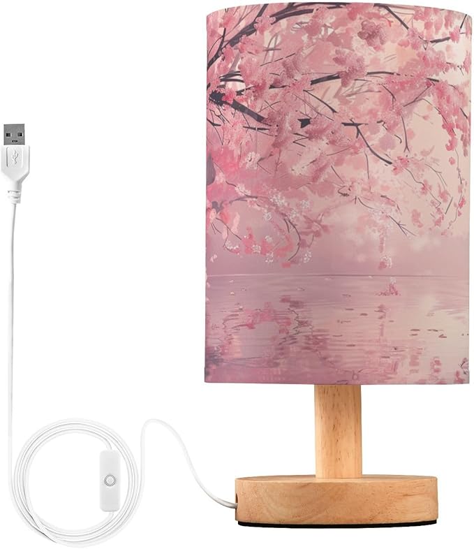 Bedside Table Lamp Cherry Blossom Pink Floral Flower Nightstand Lamp with Wood Desk Lamps for Bedroom Living Room Nursery Office Home Decor