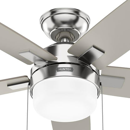 Hunter Ceiling Fan with LED Light - Black Ceiling Fan with Pull Chain, For Bedroom or Living Room, Standard Mount, No Remote, 5 Blades, Includes Bulbs - Anisten (Brushed Nickel, 52 inch)