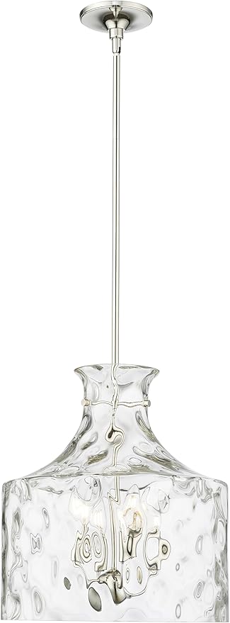 ML Lighting | Santorini Collection | 22604-PN | Indoor 4 Light Metal Pendant in Polished Nickel with Water Glass Shade | Kitchens, Dining Rooms, Living Rooms, Entryways, Hallways