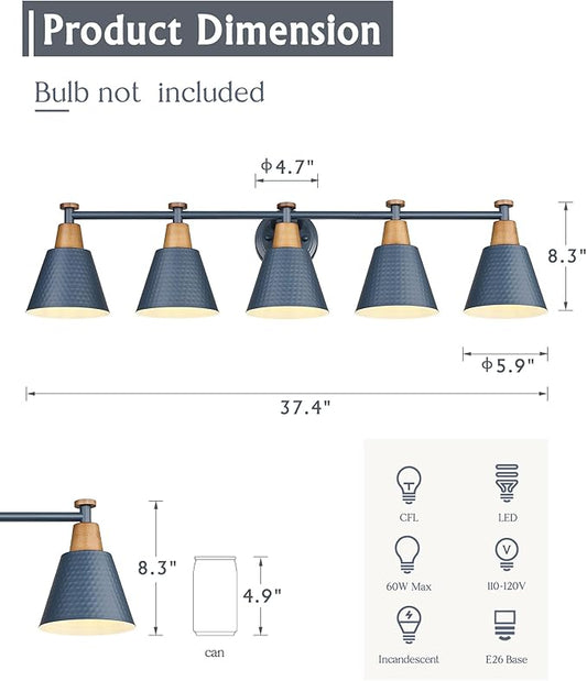 FEMILA 5 Light Bathroom Vanity Light, 37.4" Bathroom Lighting Fixtures Over Mirror, Blue Finish, E26 Base, 4FG59B-5W Blue