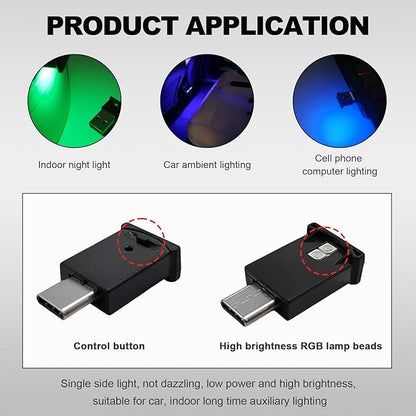 DXNQ USB Type C LED Ambient Light, 8 Colors RGB Dynamic Atmosphere Lamp Car Interior Decor USB Night Light, Adjustable Bright Plug-in Mini Ambient Lighting Kit for Car Laptop