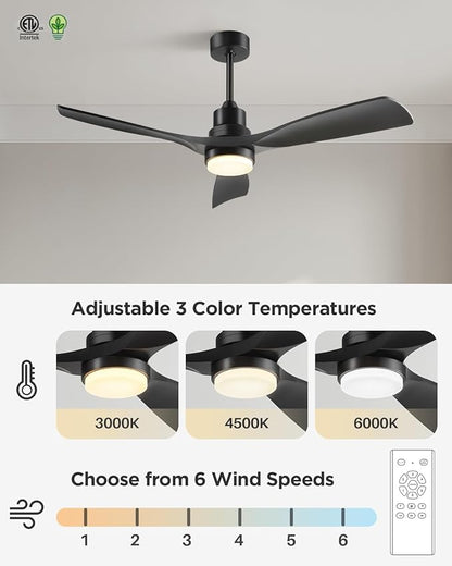 Ceiling Fan with Lights Remote Control, 52 Inch Black Ceiling Fans with 3 Downrods, 3 Blades, Timer, 6 Speed Modern Fan Quiet Reversible DC Motor for Patio Bedroom Outdoor/Indoor,52in,Black