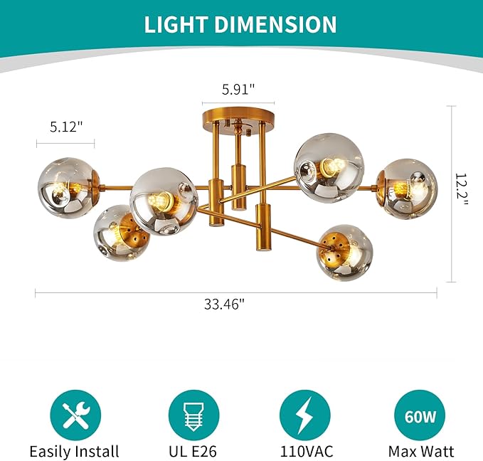 DDLLDESHI 6 Lights Gold Chandelier Globe Glass Cover Sputnik Ceiling Light Fixture,34" Large Dining Room Light Fixture Smoke Bubble Chandeliers for Living Room（Modern Chandelier Decor