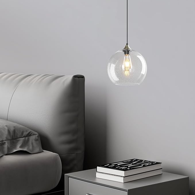 Mikeru Glass Globe Pendant Light Single, 7.87 Inch Clear Bubble Glass Hanging Lamp, Mid Century Modern Pendant Lighting for Kitchen Island Dining Room Bedroom (Bulb Not Included)