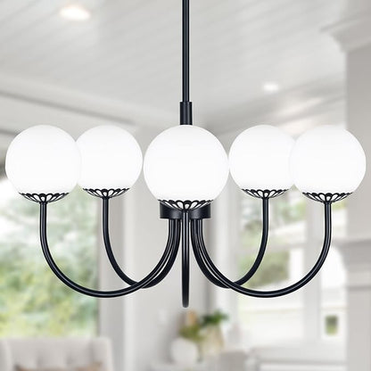 Black Chandelier Pendant Lighting, 5-Light Kitchen Light Fixtures, Mid-Century Modern Large Semi-Flush Ceiling Light Fixture with Frosted Globe Glass for Dining Room Living Room Bedroom Brass