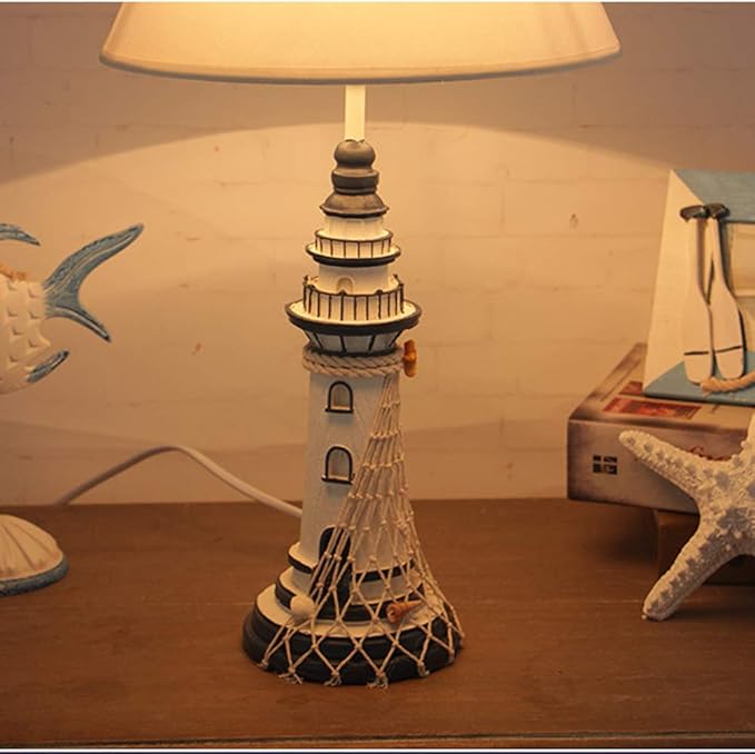 LITFAD Modern Bedside Table Lamp 1 Light Lighthouse LED Reading Light Nautical Style Resin Desk Lamp in Blue for Bedroom Kids Room Office - Rudder