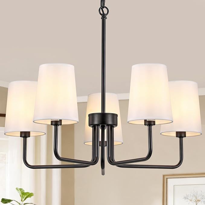 5-Light Farmhouse Chandelier, 25''Matte Black Linear Pendant Light with White Linen Shades, Adjustable Hanging Island Lighting for Kitchen, Dining Room, Foyer