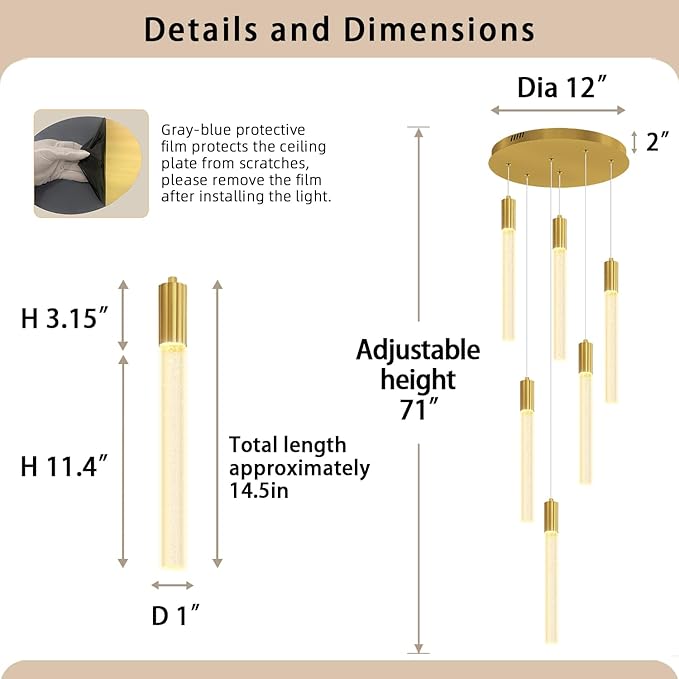 Luxury 6 Light Modern Crystal Pendant Light - 71" High Ceiling Gold LED Dimmable Pendant Light for Bedside Island Kitchen Living Room