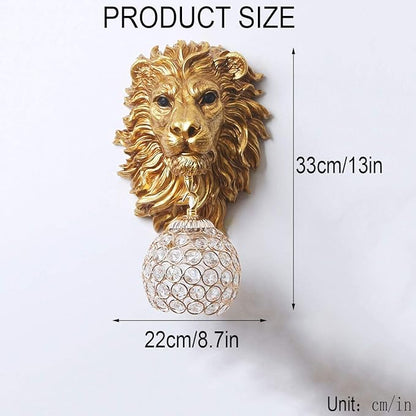 Gold Lion Head Wall Sconces Set of 2, Modern Luxury Crystal Globe Wall Lamp, Resin Animal Head Decorative Wall Mounted Light Fixtures for Living Room Bedroom Hallway Entryway