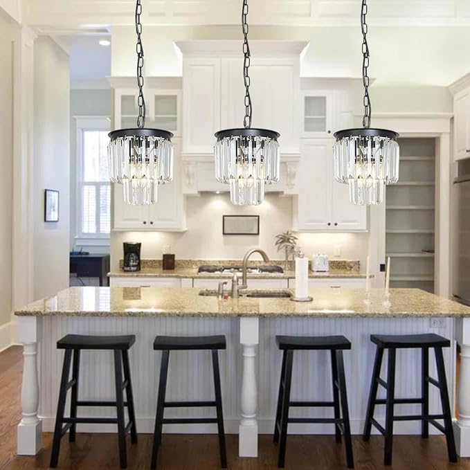 Modern Mini Crystal Chandeliers Small Pendant Light Contemporary Ceiling Pendant Light Fixture for Dining Room, Bedroom, Kitchen Island Entryway 8 Inches, Black