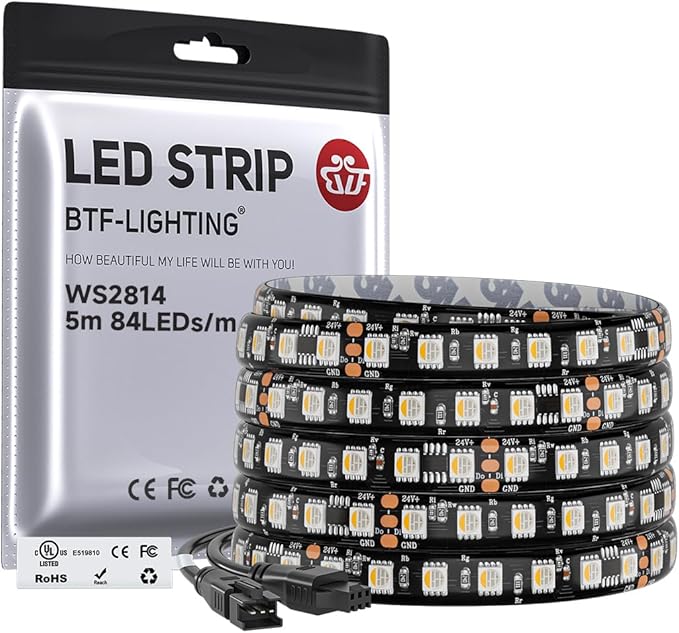 BTF-LIGHTING WS2814 IC RGBW RGB+Warm White(Similar WS2812B),Addressable DC24V 16.4FT 84LED/m 14pixel/m,UL Listed,4 Colors in 1 Dream Color LED Strip 12mm Width PCB IP65(No Adapter or Controller)