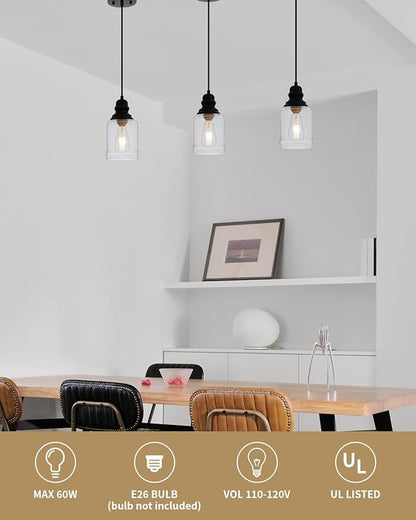 WILON Modern Glass Pendant Lights for Kitchen Island, 6.29" Mini Pandent Light Fixture with Seeded Glass Shade Black Farmhouse Pendant Lights E26 Base Hanging Kitchen Lights for Sink Dinging Room