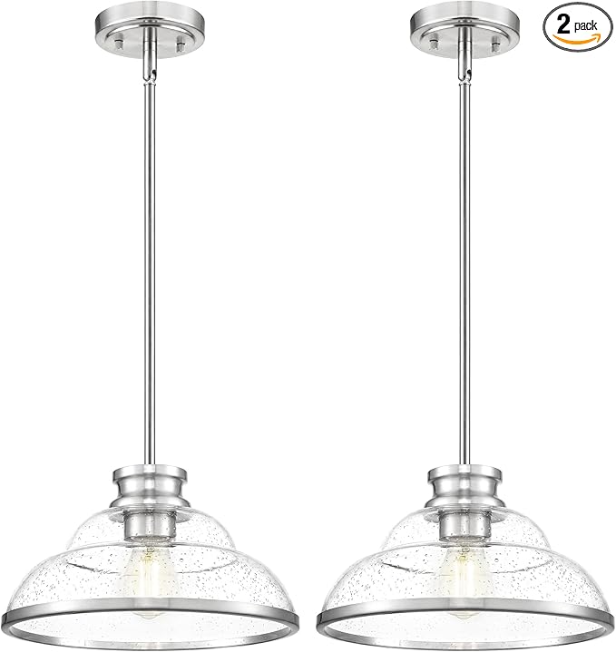 kudos 2 Pack Pendant Lights Kitchen Island, 11" Brushed Nickel Kitchen Island Lighting with Seeded Glass, Farmhouse Hanging Light Fixture for Kitchen Sink Dining Room Hallways, KDPL14-BN-2PK