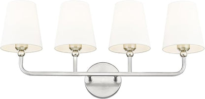 Bathroom Light Fixtures, 4 Light Vanity Lights with Flared White Fabric Shade, 28 Inch Brushed Nickel Wall Sconce, Modern Sconces Wall Lighting for Hallway Bedroom, VL837-BN-4