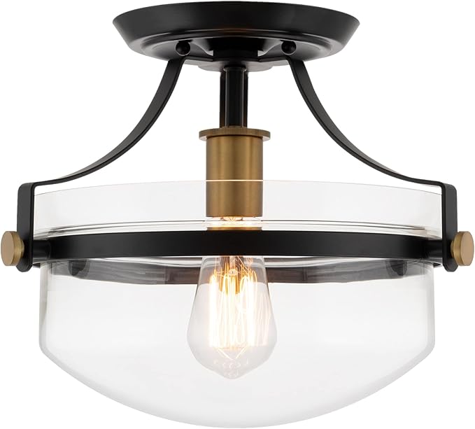Kira Home Zurich 12" Modern Industrial Semi-Flush Mount Ceiling Light, Two-Tone Fixture with Clear Glass Schoolhouse Bowl Shade, Warm Brass and Black Finish