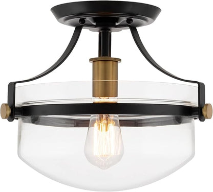 Kira Home Zurich 12" Modern Industrial Semi-Flush Mount Ceiling Light, Two-Tone Fixture with Clear Glass Schoolhouse Bowl Shade, Warm Brass and Black Finish