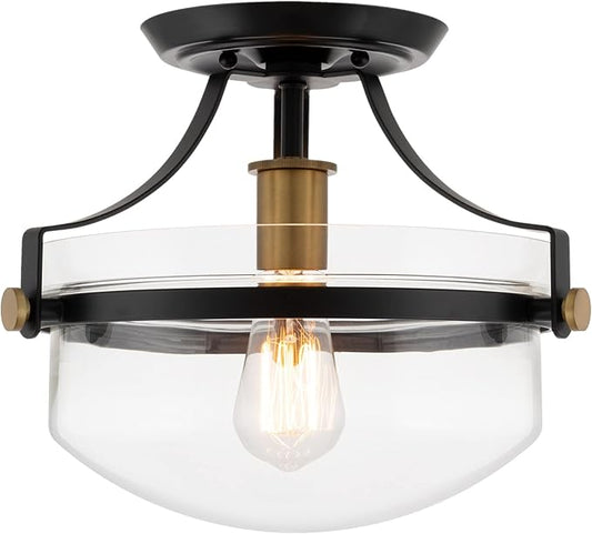 Kira Home Zurich 12" Modern Industrial Semi-Flush Mount Ceiling Light, Two-Tone Fixture with Clear Glass Schoolhouse Bowl Shade, Warm Brass and Black Finish