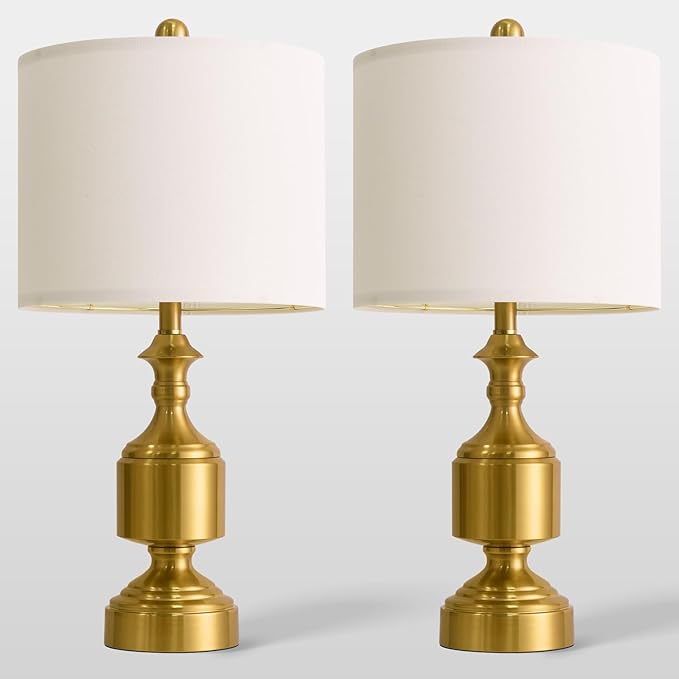 BOBOMOMO Gold Table Lamps Set of 2-20.5" Modern Metal Bedside Lamps for Nightstand, Mid-Century Night Stand Lamps with Linen Shade, Small Lamps for Bedroom Side Table & Home Office
