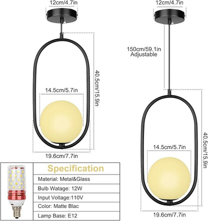 lobolighting Modern Pendant Lighting, 2 Pack Black Pendant Light Fixtures Adjustable Height Mid Century Chandelier, Frosted Glass Globe Single Hanging Light for Kitchen Island Dining Room Bedroom