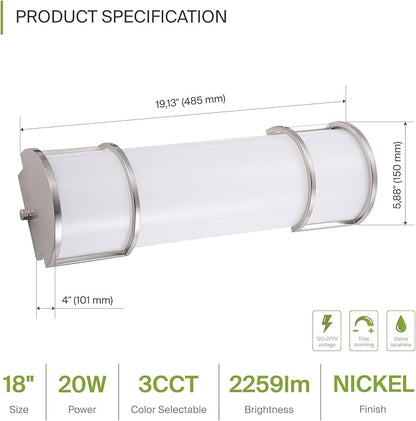 ASD LED 18" Vanity Flush Mount Light Fixture, Linear Bathroom Lighting Bar | 3CCT, Dimmable, ETL Listed | 20W 2300LM 3000-5000K 100-277V | Long Tube Bath Wall Sconce Over Mirror | Nickel