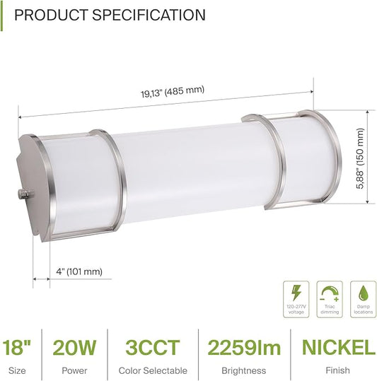 ASD LED 18" Vanity Flush Mount Light Fixture, Linear Bathroom Lighting Bar | 3CCT, Dimmable, ETL Listed | 20W 2300LM 3000-5000K 100-277V | Long Tube Bath Wall Sconce Over Mirror | Nickel