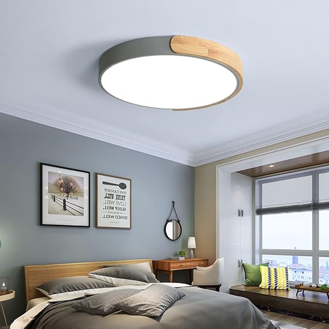 LED Ceiling Light Fixture,10 Inch Modern Wood Recessed Ceiling Lights, Dimmable Light,Grey 12W Close to Ceiling Lighting Flush Mount Living Room Bedroom,3000K-6000K