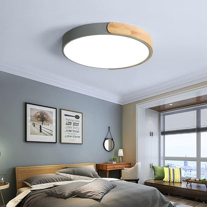 LED Ceiling Light Fixture,10 Inch Modern Wood Recessed Ceiling Lights, Dimmable Light,Grey 12W Close to Ceiling Lighting Flush Mount Living Room Bedroom,3000K-6000K