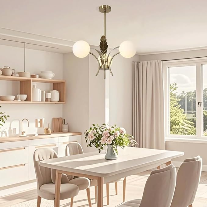 BOKT 3 White Globe Dining Room Light Fixtures Over Table Gold Brass Milk Glass Semi Flush Mount Ceiling Lights Mid Century Modern Sputnik Chandelier for Entryway Farmhouse Kitchen