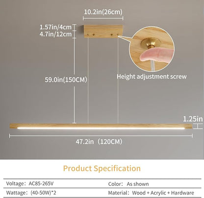 Modern Wooden Pendant Light, 47IN White Ash Wood Chandelier with Remote Control 3000k-6500K Adjustable Color Temperature，Aluminum Island Lighting Lamp for Dining Room, Living Room B
