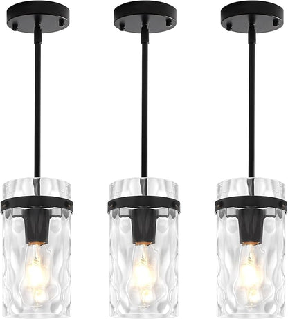 3 Pack Black Pendant Lights Kitchen Island, Modern Hammered Glass Kitchen Pendant Lighting Over Island Hanging Bathroom Light Fixtures Adjustable Pendant Light for Hallway Entryway Dining Room