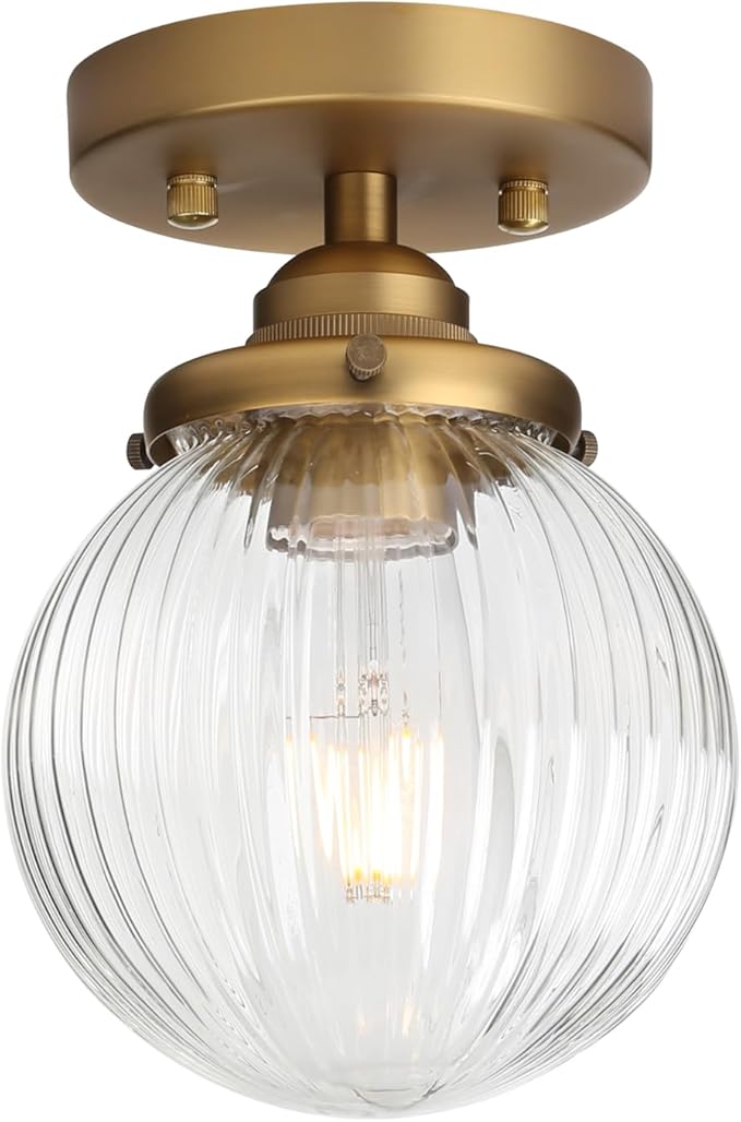 Yosoan 1-Light Indoor Flush Mount Hallway Ceiling Light, Single Modern Hardwired Vintage Industrial Retro Textured Striped Round Shade Farmhouse Lamp for Corridor Kitchen Bathroom Bedroom(Antique)