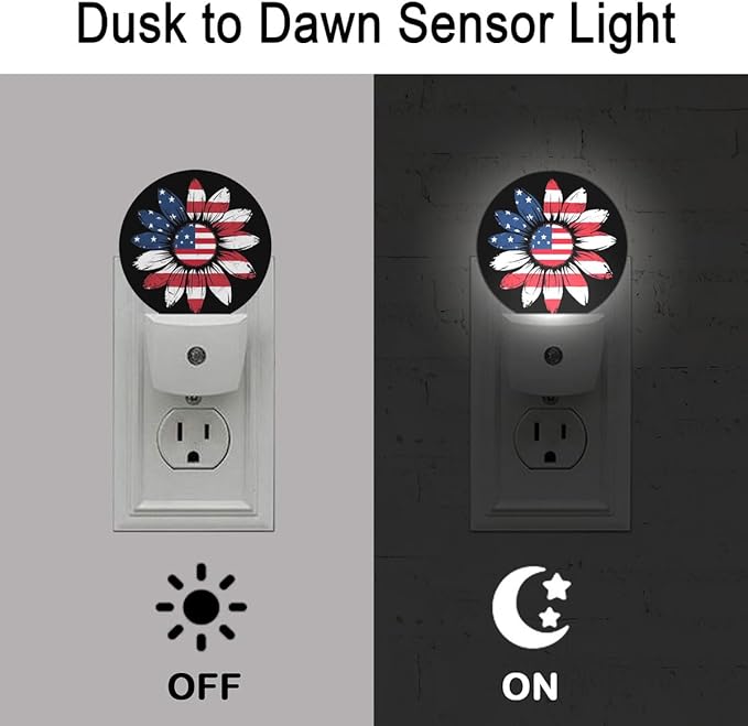Sunflower USA Flag Plug in Night Light Auto Light Round Lamps Energy Saving Gift for Women Men Friends