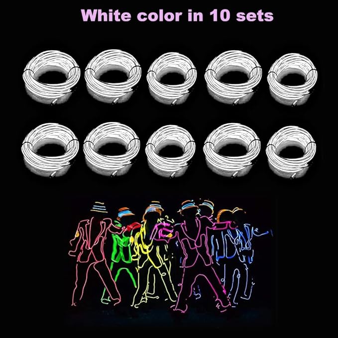 MaxLax EL Wire White 10-Pack, 9ft/2.75m Neon Light Wire with Noise Reduction and Battery Pack…