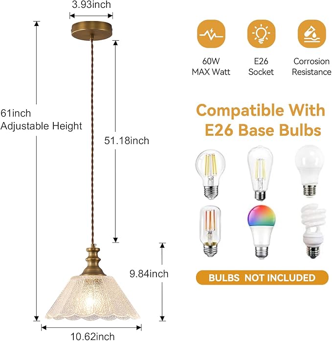 10.62-inch Adjustable Height Island Pendant Light, Brass Island Pendant Lights for Kitchen, E26 Pendant Light Suitable for Kitchen Island and Dining Area (E26 Bulb Sold Separately)