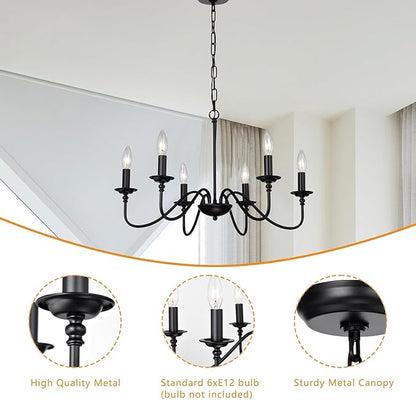 Farmhouse Black Chandelier 6-Light Candle Style Rustic Chandelier, Industrial Metal French Country Ceiling Light Fixture for Dining Room, Kitchen Island, Living Room, Bedroom, Entryway, Foyer