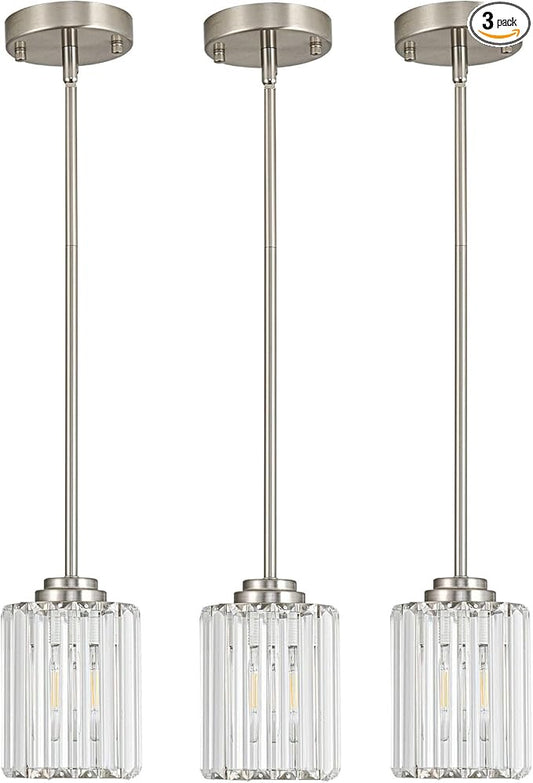 Pendant Lights Kitchen Island 3 Pack, Adjustable High Brushed Nickel Modern Crystal Mini Chandelier Ceiling Hanging Pendant Light Fixtures for Kitchen Hallway Dining Room Bedroom