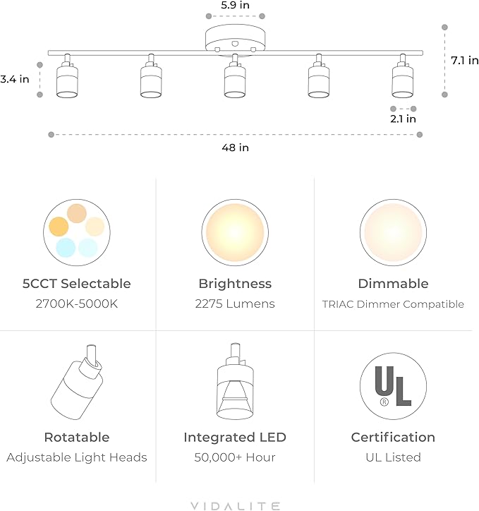 Shura Black 5-Light 5CCT Track Light with Rotatable Heads, 5 Color Selectable, Integrated LED Bulbs, 4 ft Track Light Kit, 2275 Lumen