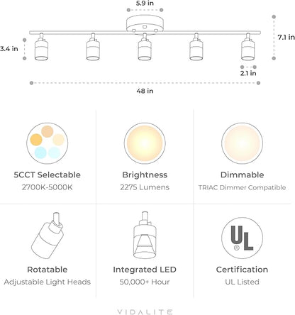 Shura Black 5-Light 5CCT Track Light with Rotatable Heads, 5 Color Selectable, Integrated LED Bulbs, 4 ft Track Light Kit, 2275 Lumen