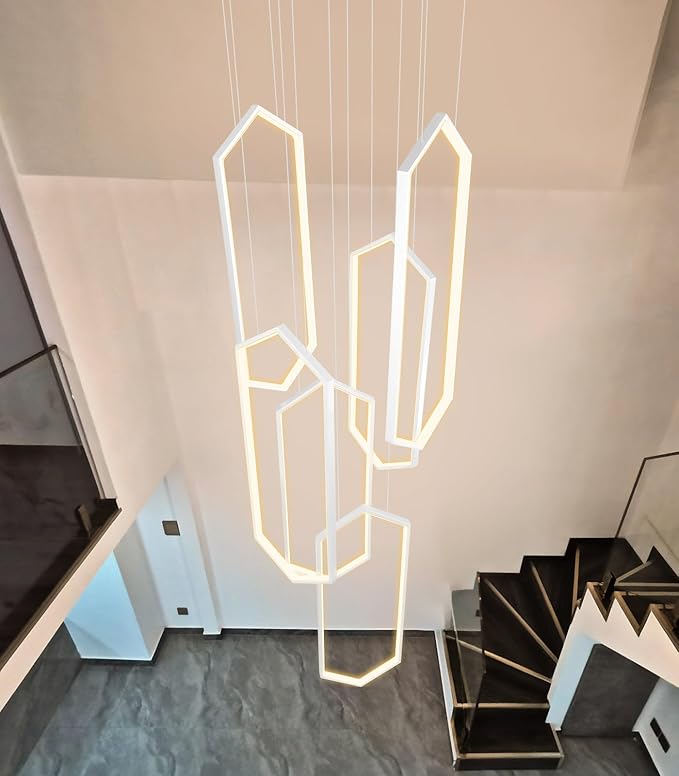 Modern Chandelier LED Dimmable Light for Staircase Living Room Entrance High Ceiling Chandeliers with Remote Control for Villa Foyer White